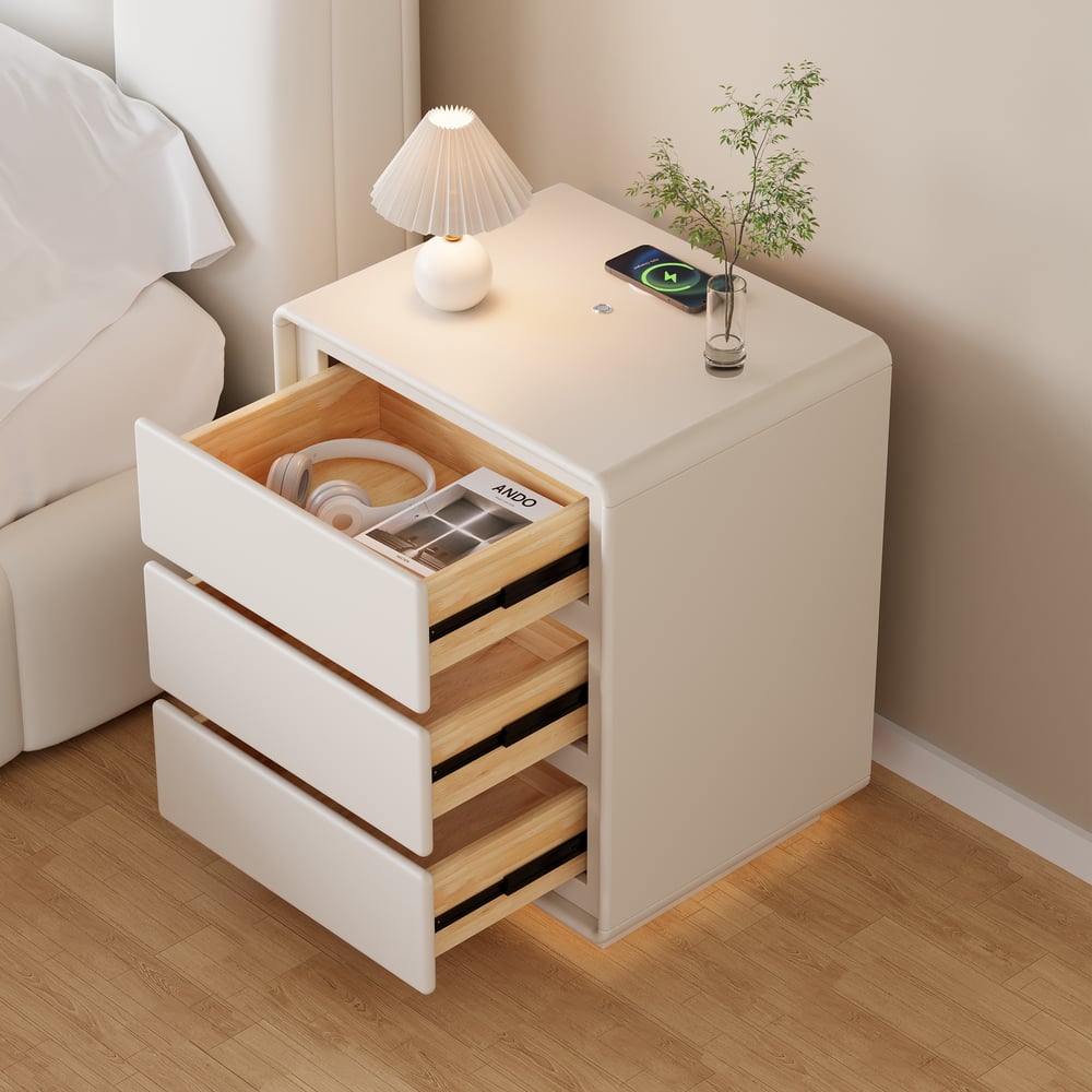 Modern 3-drawer off-white MDF Nightstand with USB and Lighting window image