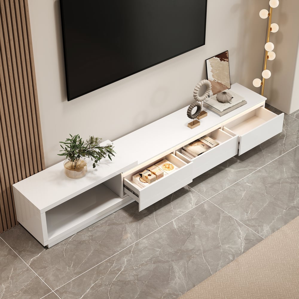 Quoint Extendable TV Stand with 3 Drawers and Light(71"-100") window image