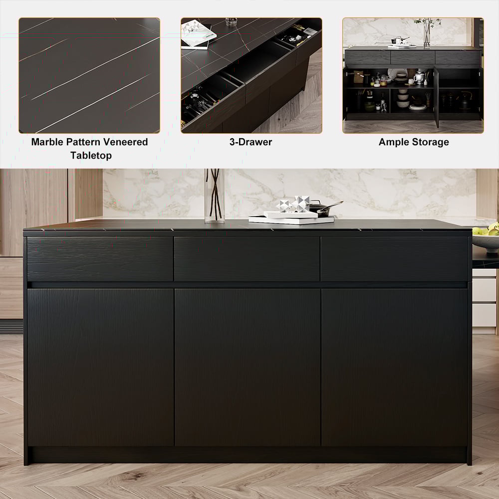 Îlot de cuisine noir extensible de 2050 mm à 2680 mm avec portes et tiroirs, dessus à motif marbré image de fenêtre