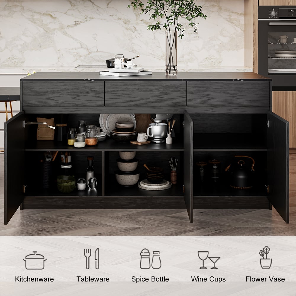 81''-106" Extendable Black Kitchen lsland with Doors&Drawers Marble Pattern Top window image