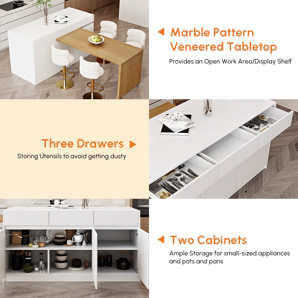 Îlots de cuisine extensibles, 2050mm-2680mm, dessus en marbre, portes et tiroirs modernes blancs image de fenêtre