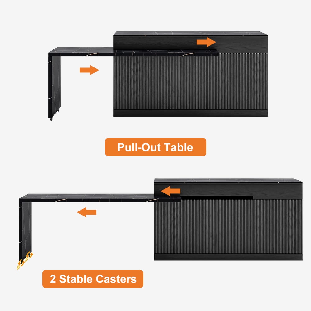 81''-106" Extendable Black Kitchen lsland with Doors&Drawers Marble Pattern Top window image