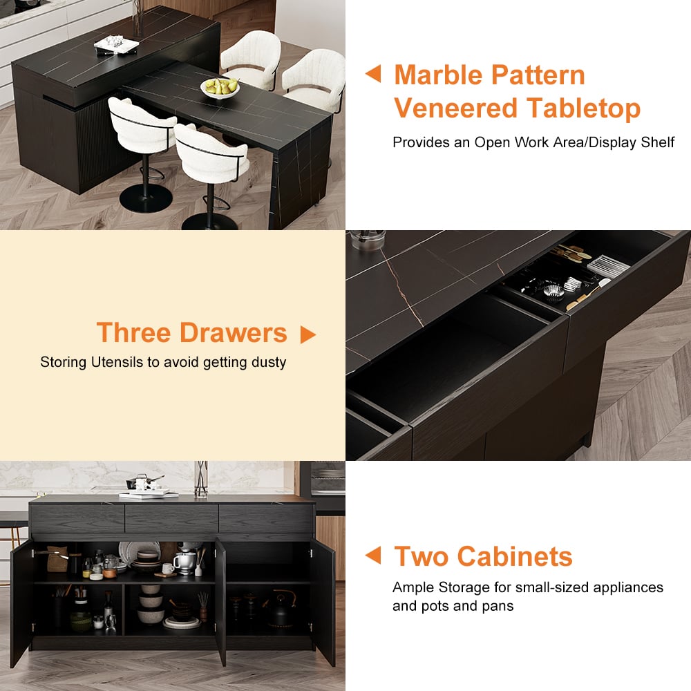 81''-106" Extendable Black Kitchen lsland with Doors&Drawers Marble Pattern Top window image