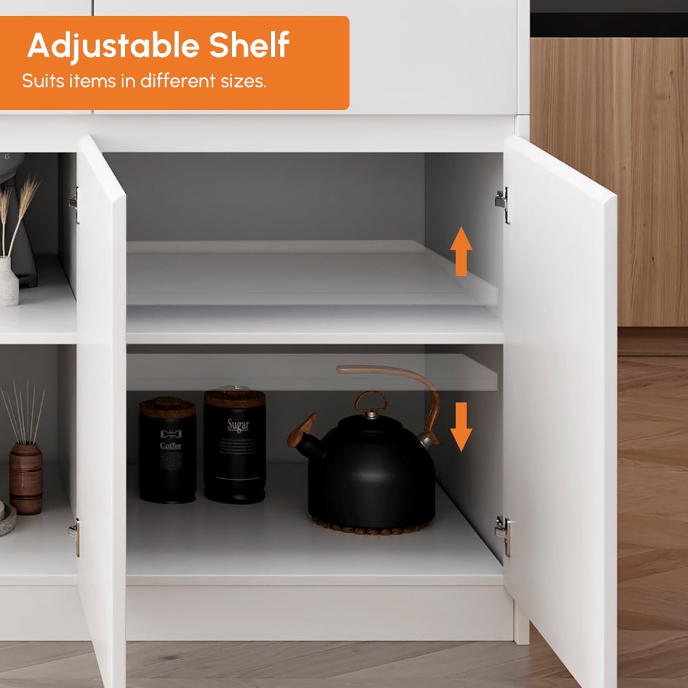 Îlots de cuisine extensibles, 2050mm-2680mm, dessus en marbre, portes et tiroirs modernes blancs image de fenêtre