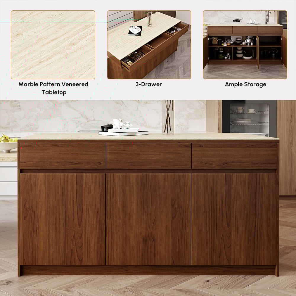 81''-106" Extendable Walnut Kitchen lsland with Doors&Drawers Marble Pattern Top window image