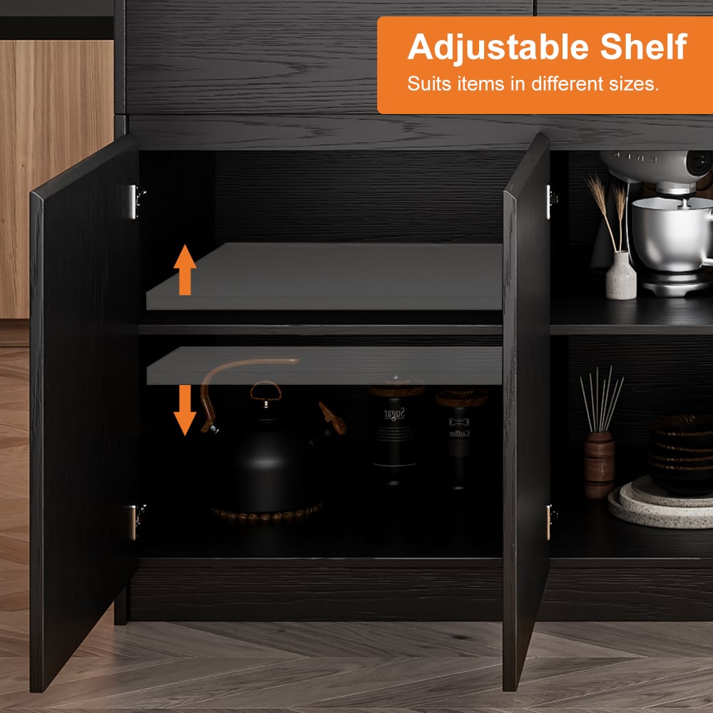 Îlot de cuisine noir extensible de 2050 mm à 2680 mm avec portes et tiroirs, dessus à motif marbré image de fenêtre