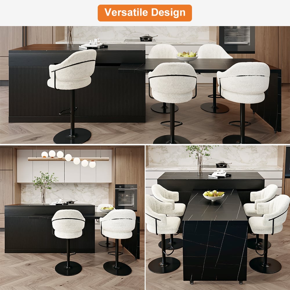 Îlot de cuisine noir extensible de 2050 mm à 2680 mm avec portes et tiroirs, dessus à motif marbré image de fenêtre