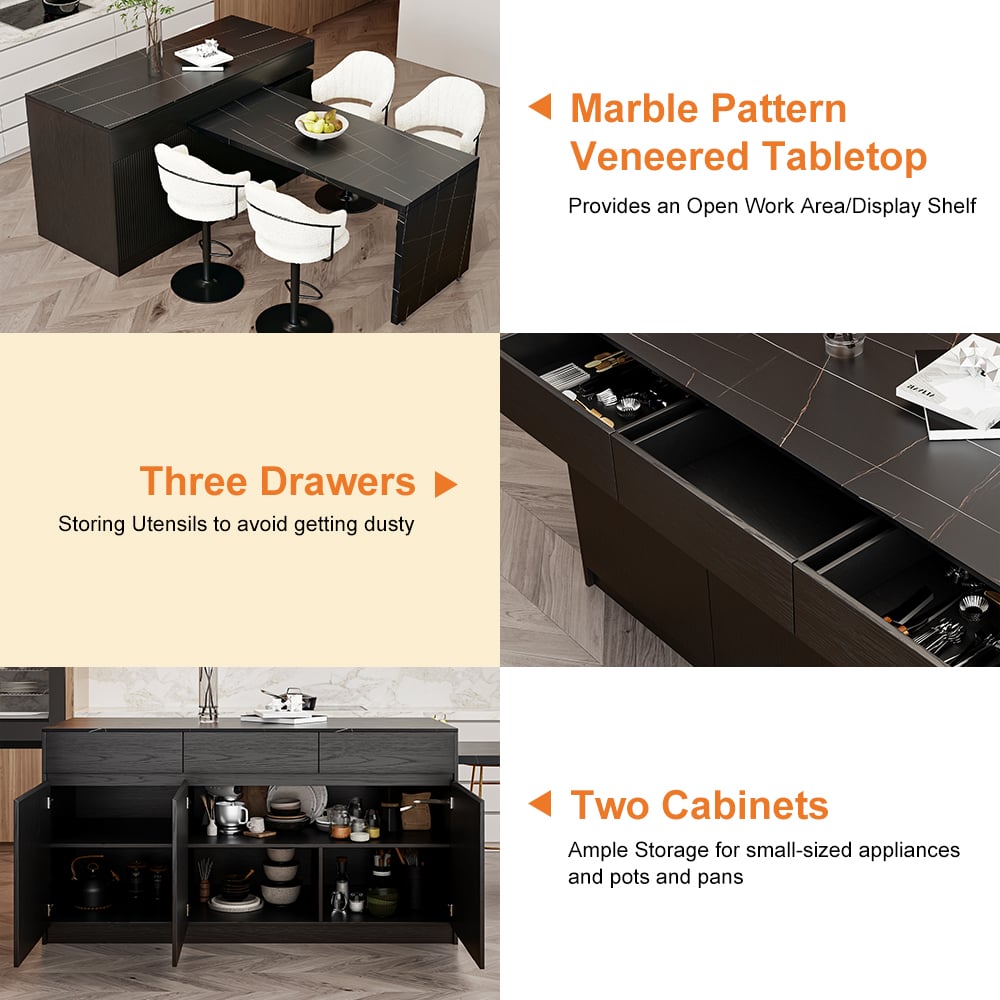 Îlot de cuisine noir extensible de 2050 mm à 2680 mm avec portes et tiroirs, dessus à motif marbré image de fenêtre
