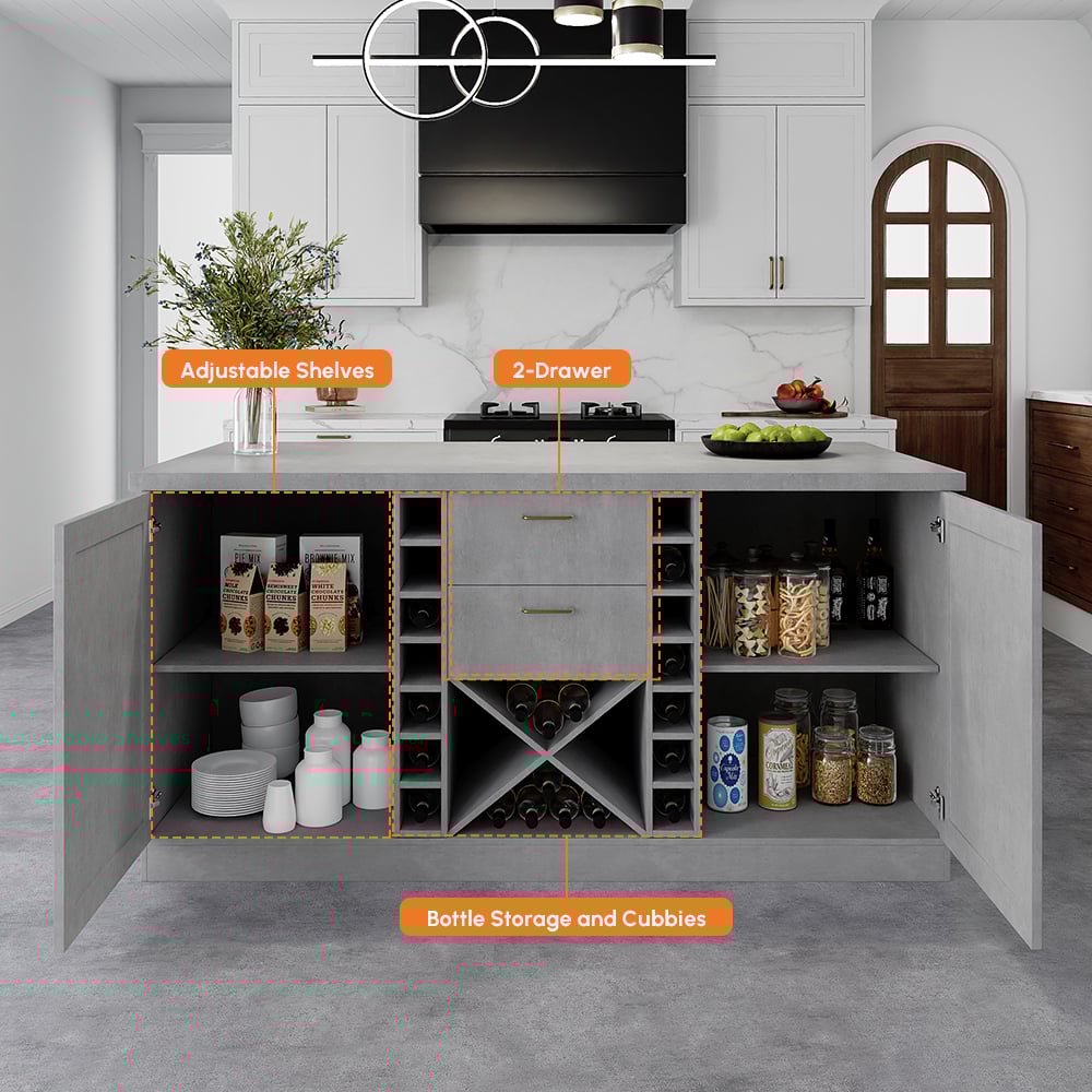 59" Modern Gray Sintered Stone Kitchen lsland  Wine Storage window image