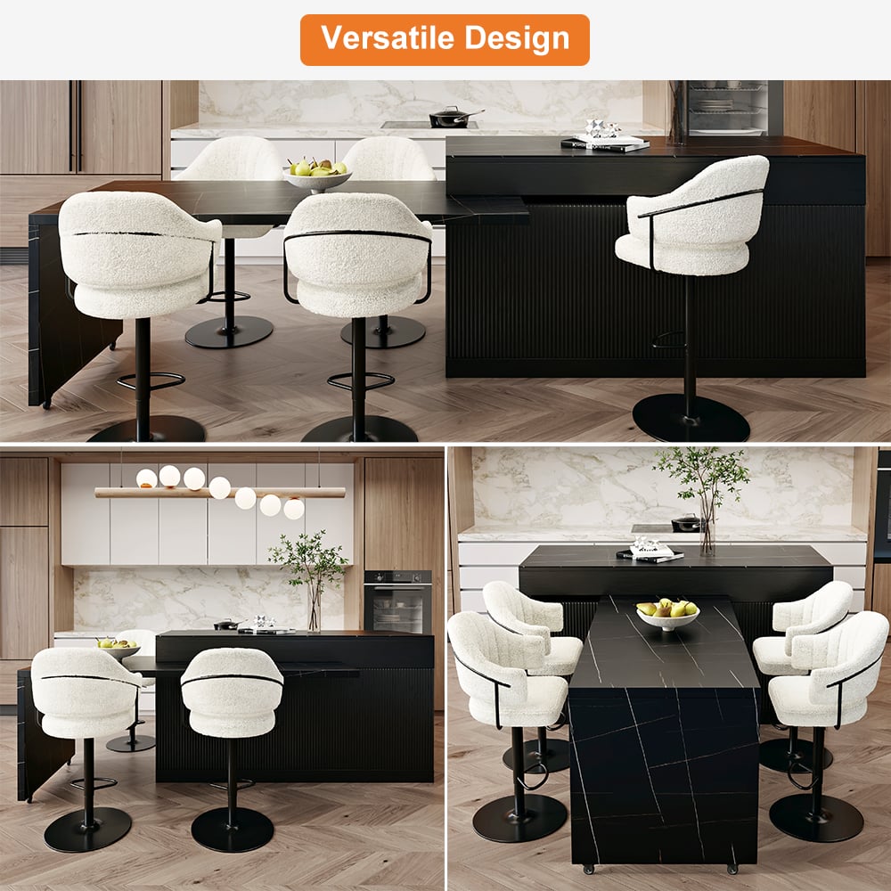 81''-106" Extendable Black Kitchen lsland with Doors&Drawers Marble Pattern Top window image