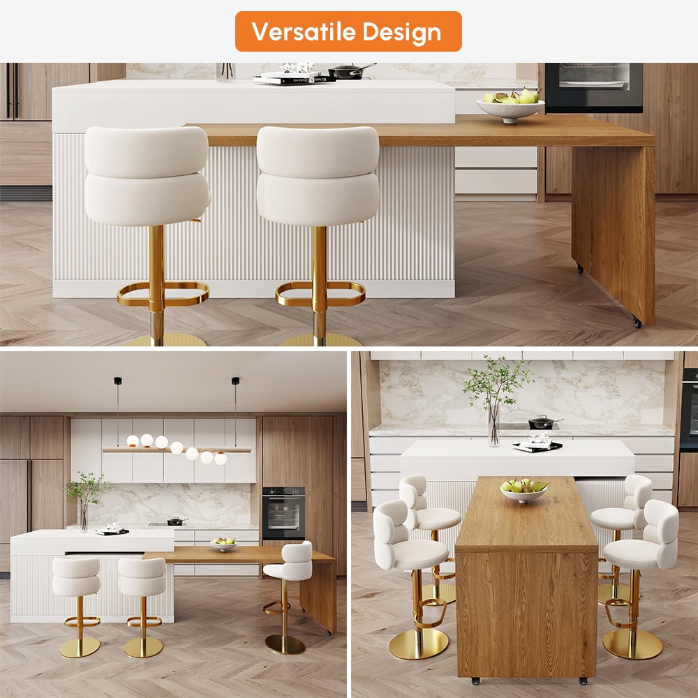 Îlots de cuisine extensibles, 2050mm-2680mm, dessus en marbre, portes et tiroirs modernes blancs image de fenêtre