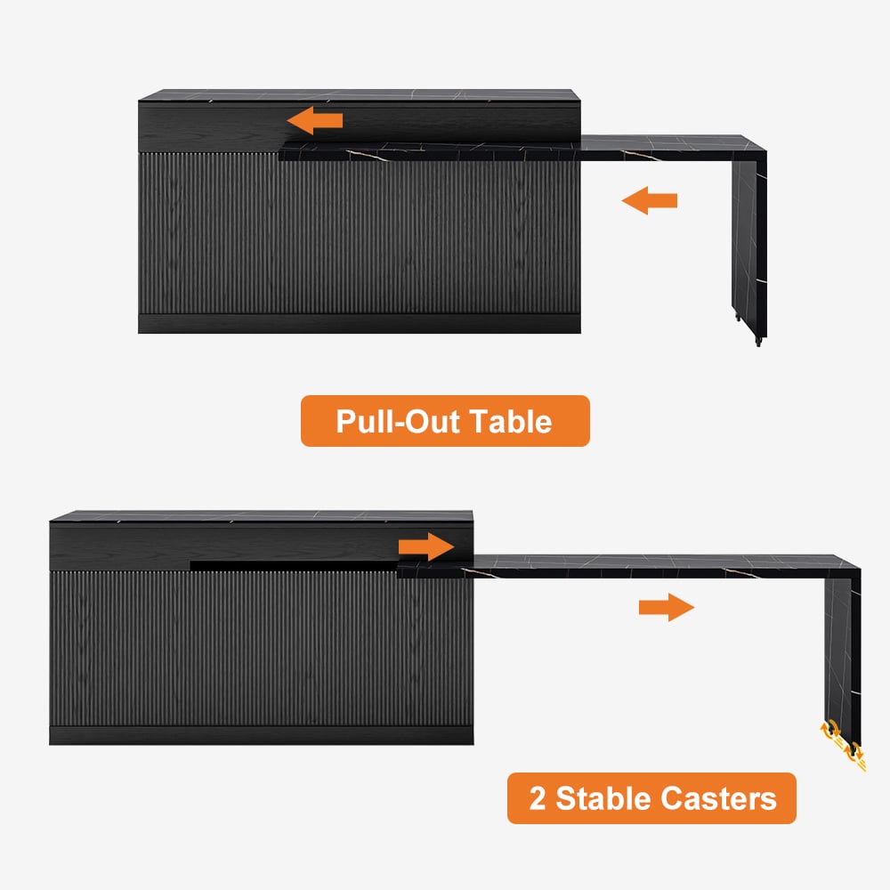 Îlot de cuisine noir extensible de 2050 mm à 2680 mm avec portes et tiroirs, dessus à motif marbré image de fenêtre