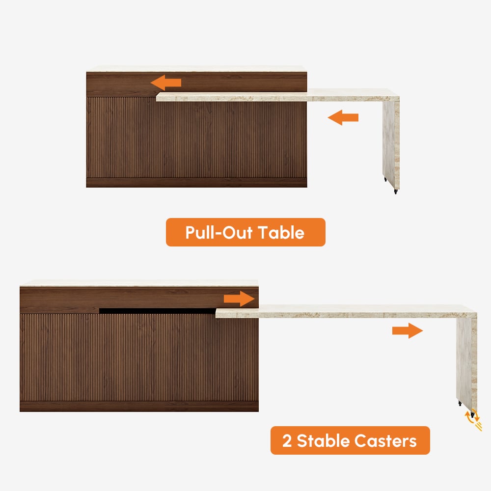 81''-106" Extendable Walnut Kitchen lsland with Doors&Drawers Marble Pattern Top window image