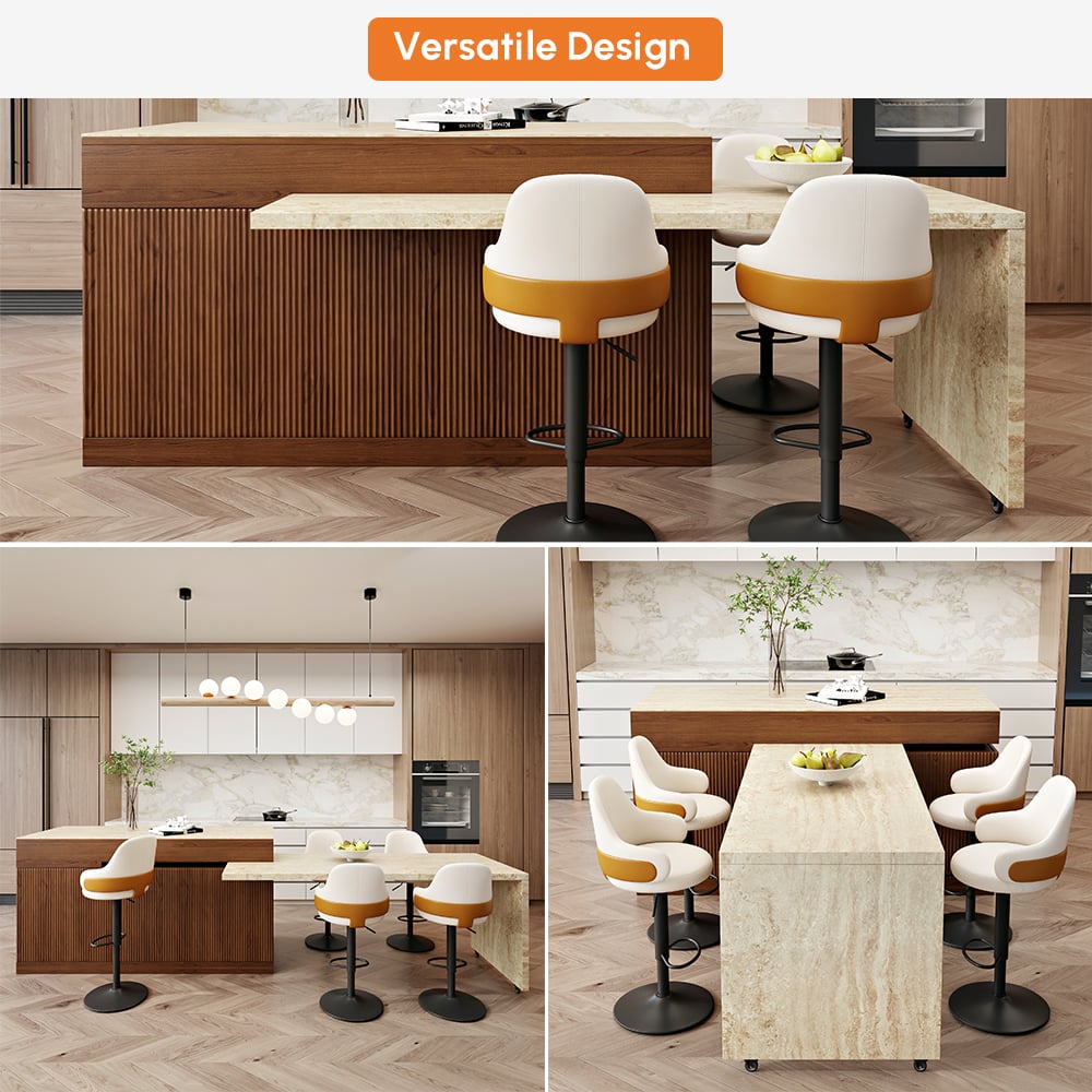 81''-106" Extendable Walnut Kitchen lsland with Doors&Drawers Marble Pattern Top window image