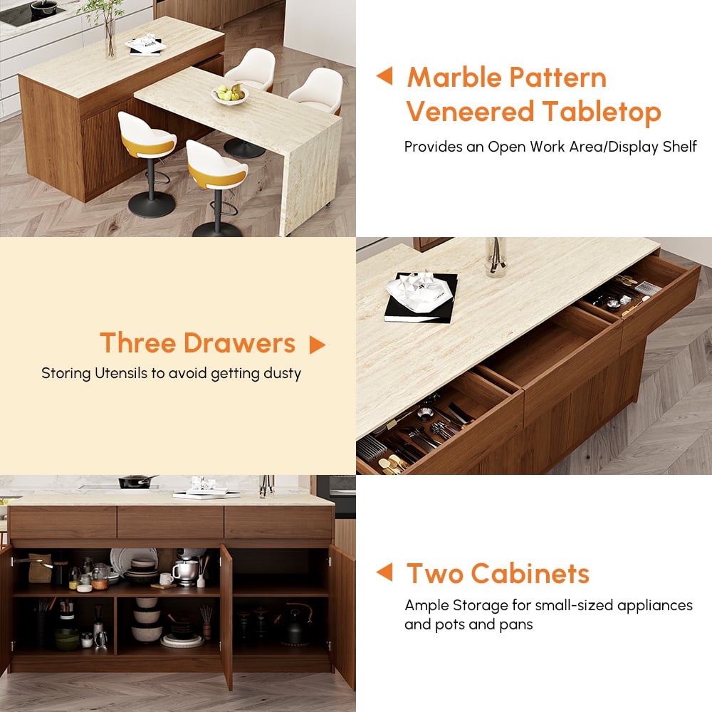 81''-106" Extendable Walnut Kitchen lsland with Doors&Drawers Marble Pattern Top window image