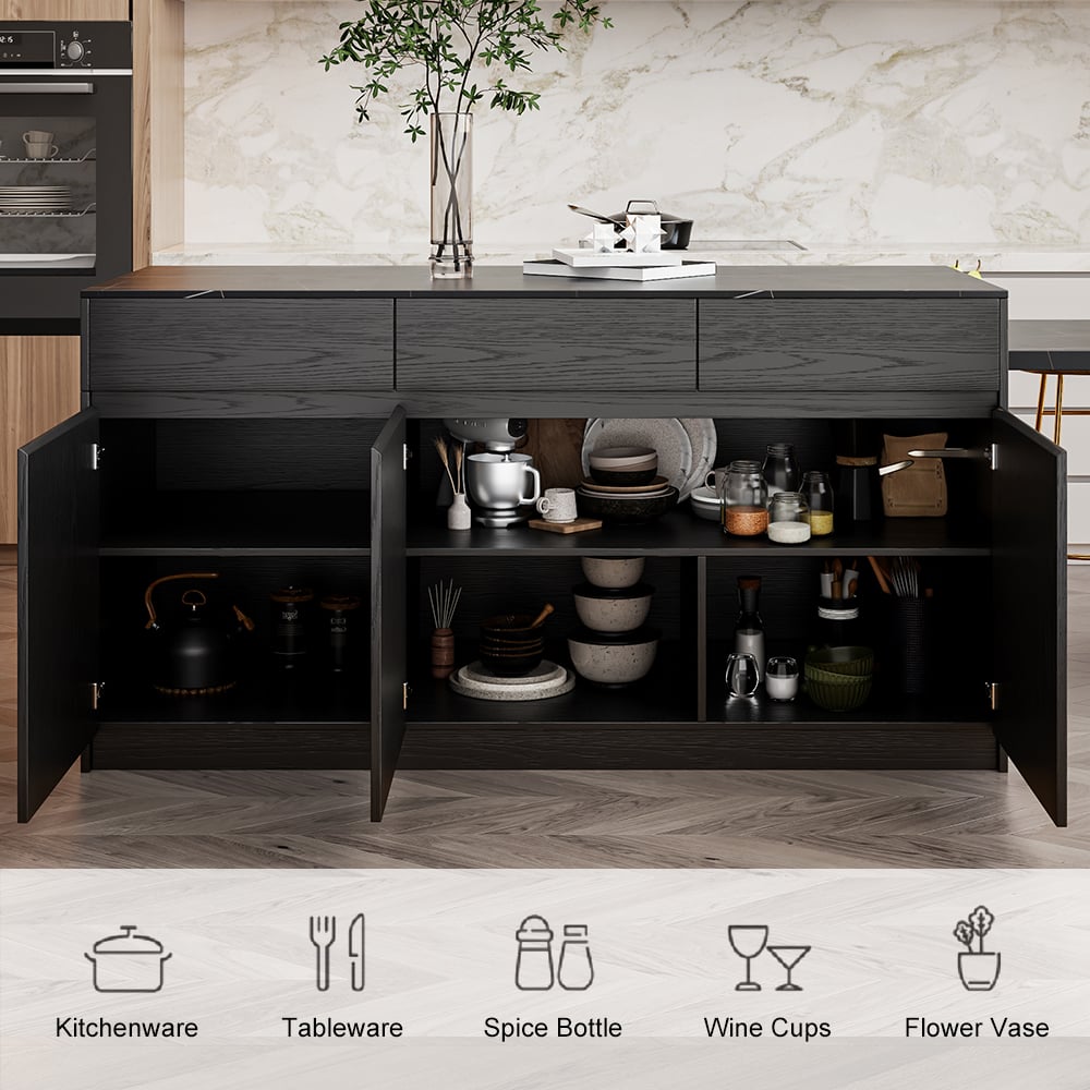 Îlot de cuisine noir extensible de 2050 mm à 2680 mm avec portes et tiroirs, dessus à motif marbré image de fenêtre