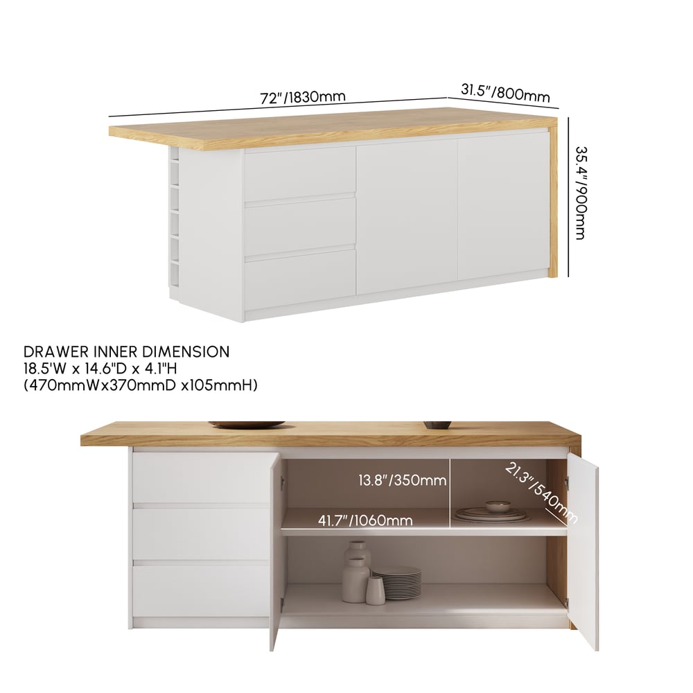 Îlots de cuisine de 1830 mm, dessus en placage de marbre, blanc et n, moderne, avec armoire de cuisine Poids, dimensions, image