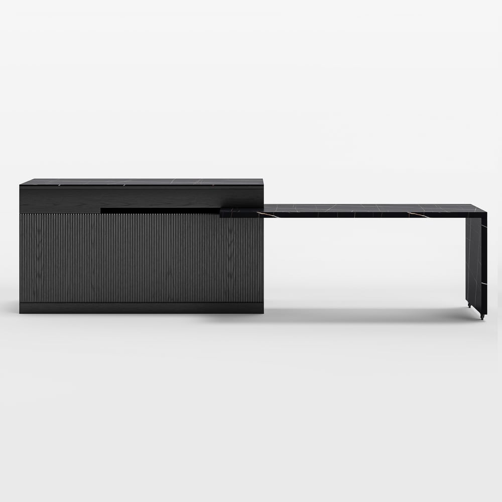 Îlot de cuisine noir extensible de 2050 mm à 2680 mm avec portes et tiroirs, dessus à motif marbré image de fenêtre