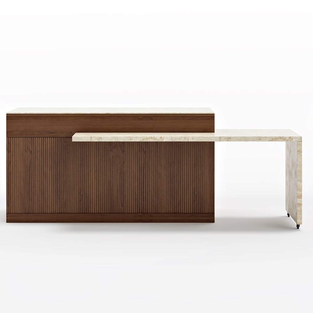 81''-106" Extendable Walnut Kitchen lsland with Doors&Drawers Marble Pattern Top window image