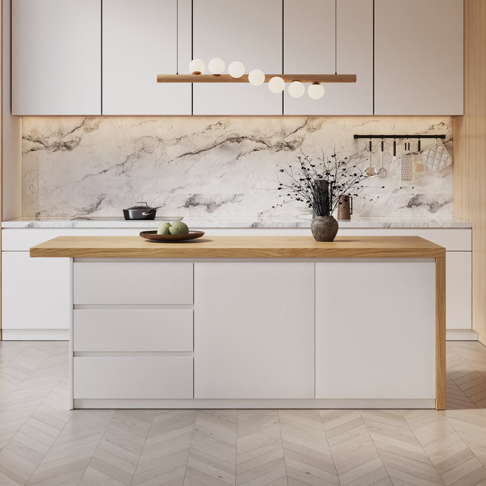 Îlots de cuisine de 1830 mm, dessus en placage de marbre, blanc et n, moderne, avec armoire de cuisine image de fenêtre