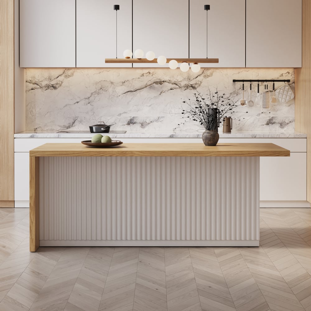 Îlots de cuisine de 1830 mm, dessus en placage de marbre, blanc et n, moderne, avec armoire de cuisine image de fenêtre