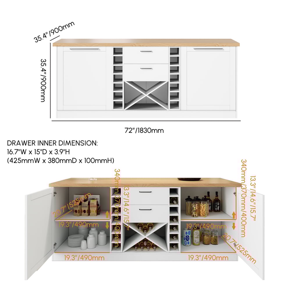 Panneau en mélamine Kitchen Island Naturel et blanc avec rangement, 1830mm Poids, dimensions, image