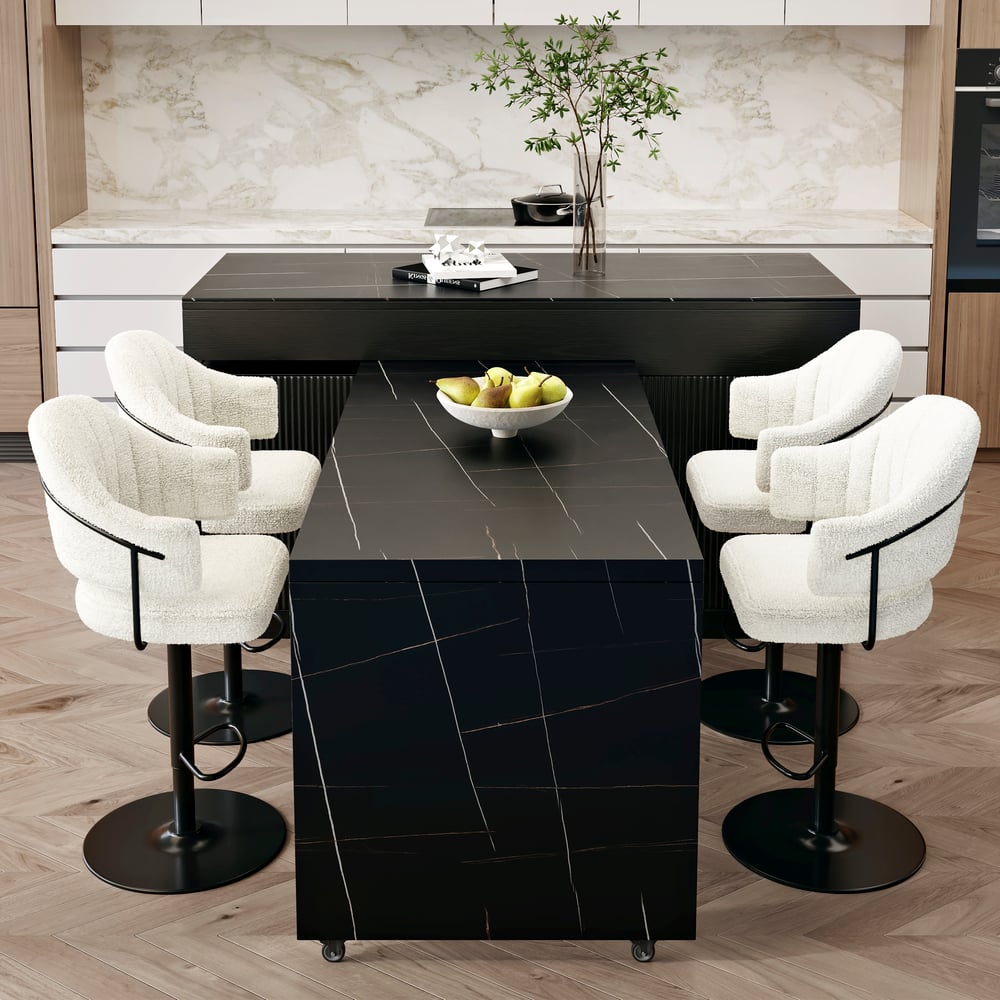 81''-106" Extendable Black Kitchen lsland with Doors&Drawers Marble Pattern Top window image
