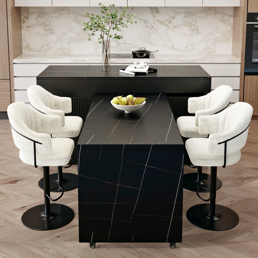 Îlot de cuisine noir extensible de 2050 mm à 2680 mm avec portes et tiroirs, dessus à motif marbré image de fenêtre