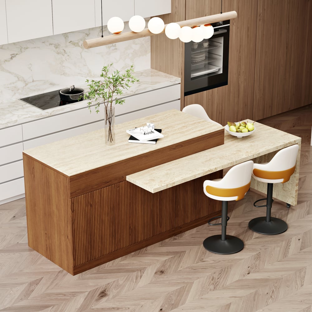 81''-106" Extendable Walnut Kitchen lsland with Doors&Drawers Marble Pattern Top window image