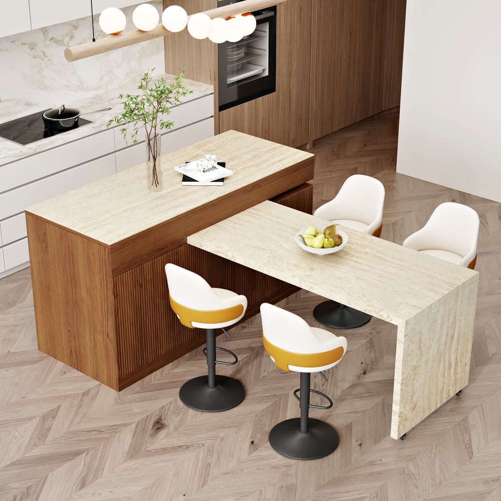 81''-106" Extendable Walnut Kitchen lsland with Doors&Drawers Marble Pattern Top window image