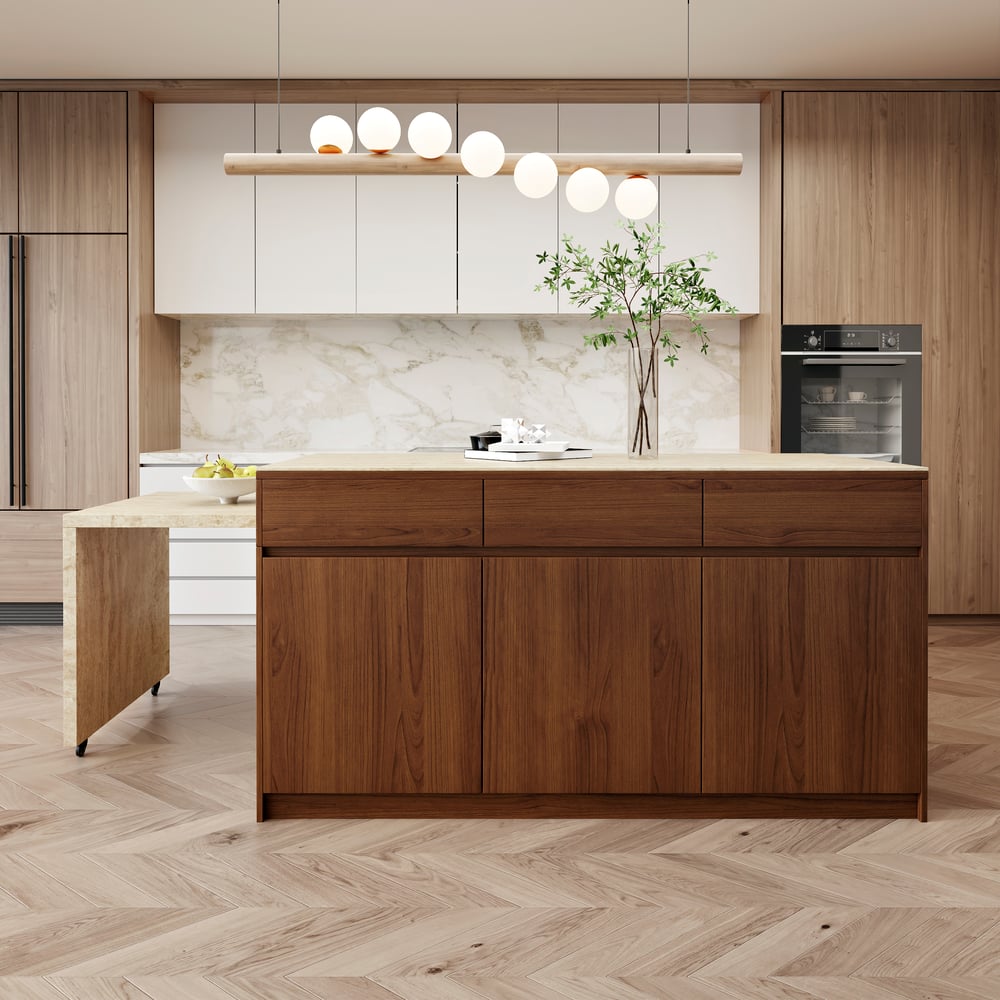 81''-106" Extendable Walnut Kitchen lsland with Doors&Drawers Marble Pattern Top window image