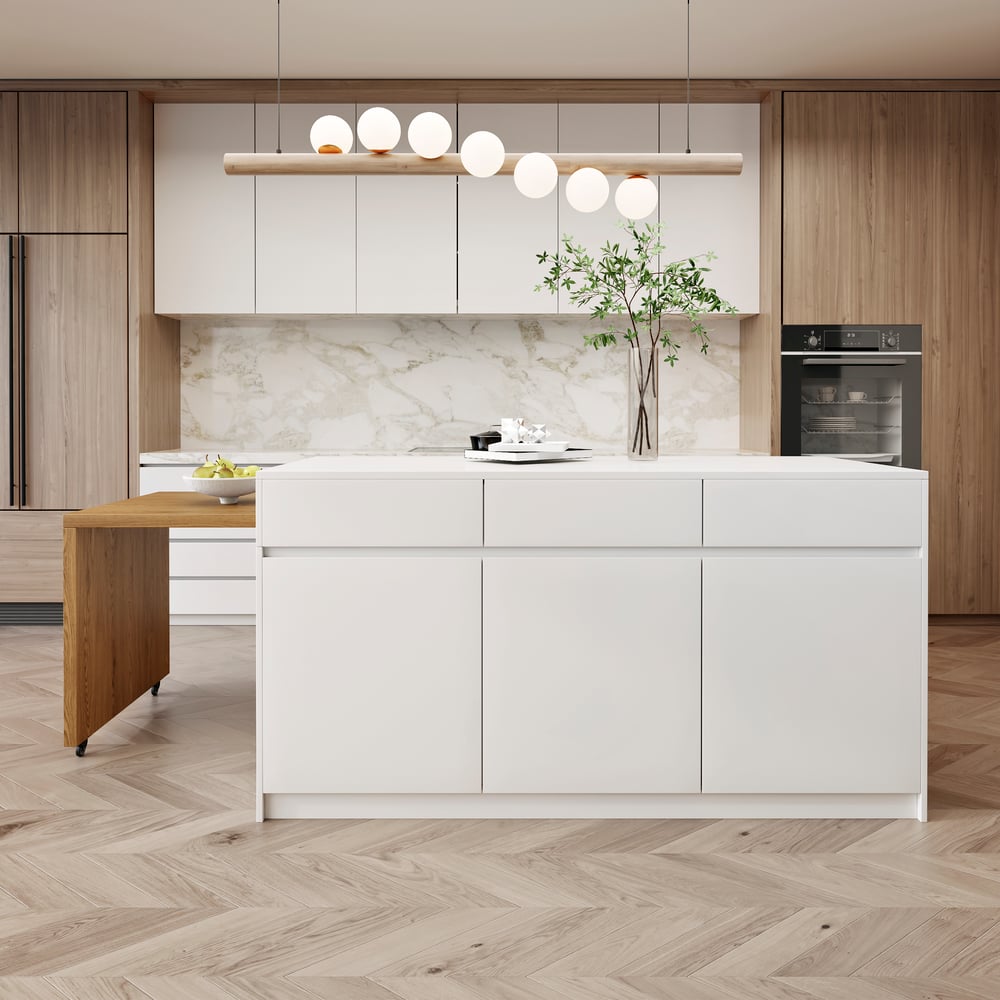 Îlots de cuisine extensibles, 2050mm-2680mm, dessus en marbre, portes et tiroirs modernes blancs image de fenêtre