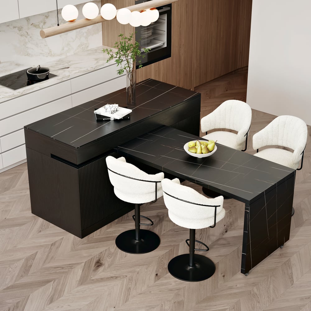 81''-106" Extendable Black Kitchen lsland with Doors&Drawers Marble Pattern Top window image