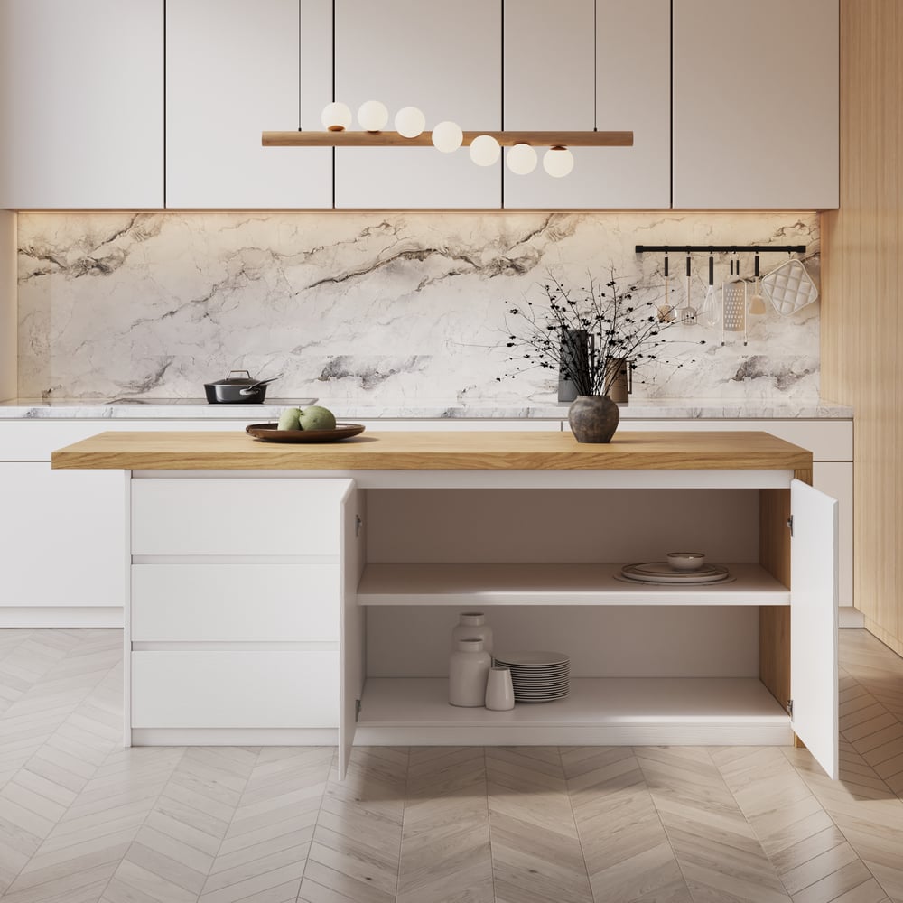 Îlots de cuisine de 1830 mm, dessus en placage de marbre, blanc et n, moderne, avec armoire de cuisine image de fenêtre