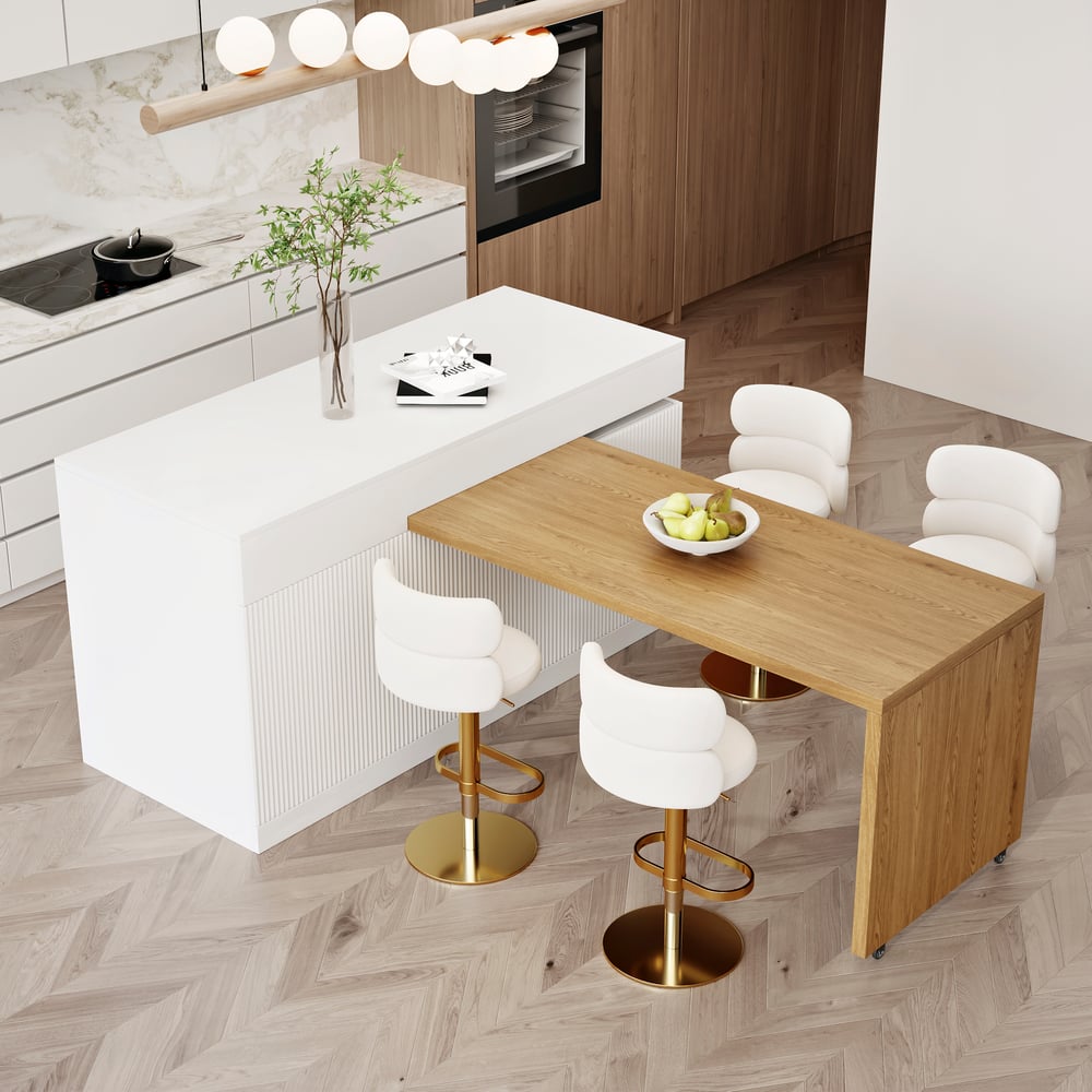 Îlots de cuisine extensibles, 2050mm-2680mm, dessus en marbre, portes et tiroirs modernes blancs image de fenêtre