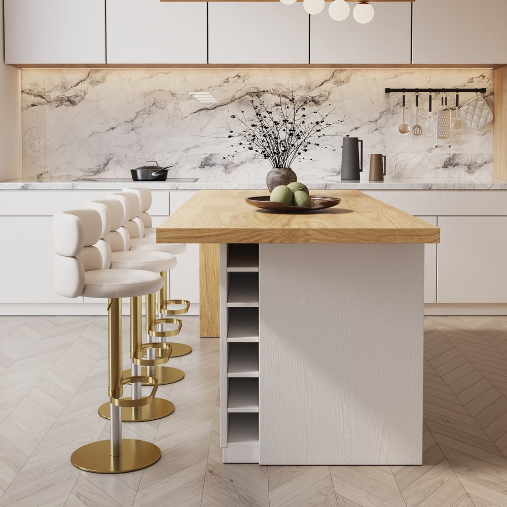 Îlots de cuisine de 1830 mm, dessus en placage de marbre, blanc et n, moderne, avec armoire de cuisine image de fenêtre