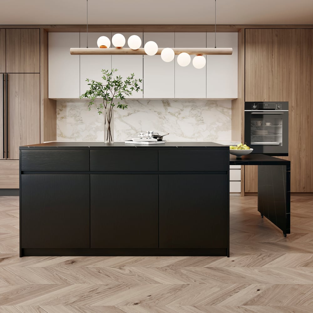 81''-106" Extendable Black Kitchen lsland with Doors&Drawers Marble Pattern Top window image