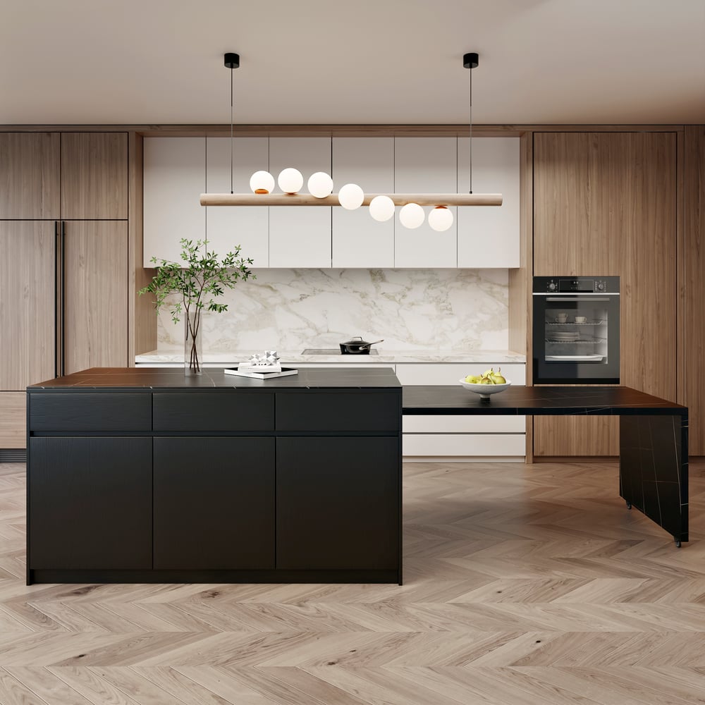 81''-106" Extendable Black Kitchen lsland with Doors&Drawers Marble Pattern Top window image