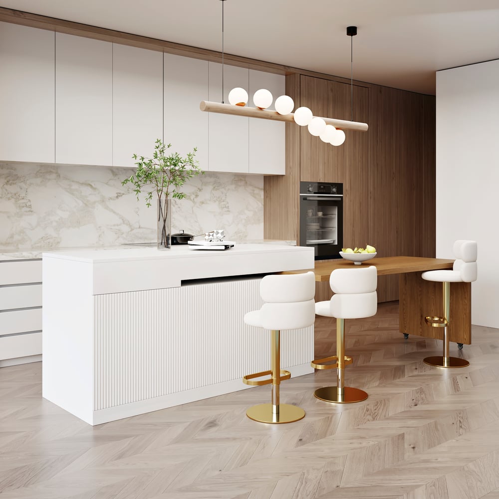 Îlots de cuisine extensibles, 2050mm-2680mm, dessus en marbre, portes et tiroirs modernes blancs image de fenêtre