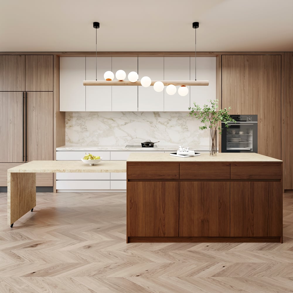 81''-106" Extendable Walnut Kitchen lsland with Doors&Drawers Marble Pattern Top window image