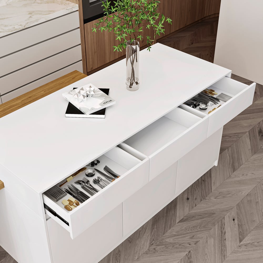 Îlots de cuisine extensibles, 2050mm-2680mm, dessus en marbre, portes et tiroirs modernes blancs image de fenêtre