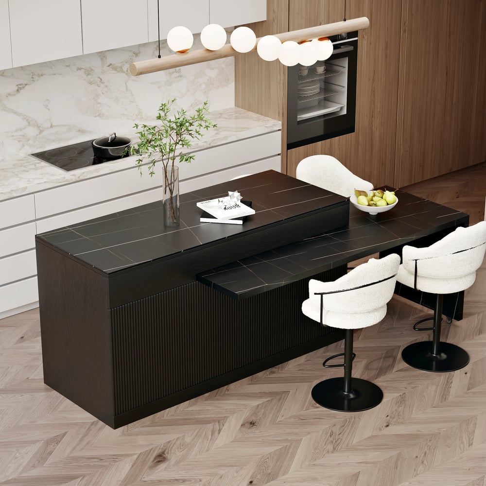 Îlot de cuisine noir extensible de 2050 mm à 2680 mm avec portes et tiroirs, dessus à motif marbré image de fenêtre