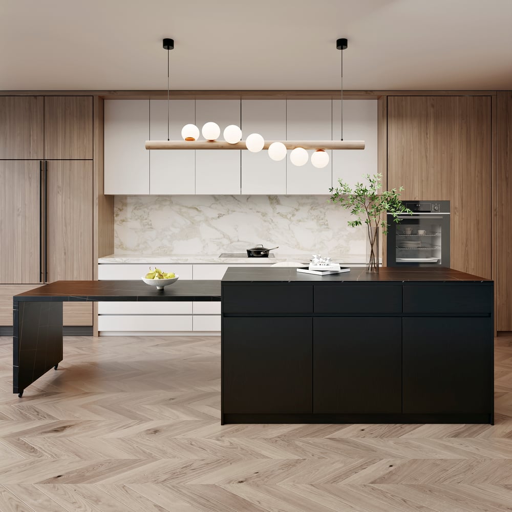 Îlot de cuisine noir extensible de 2050 mm à 2680 mm avec portes et tiroirs, dessus à motif marbré image de fenêtre