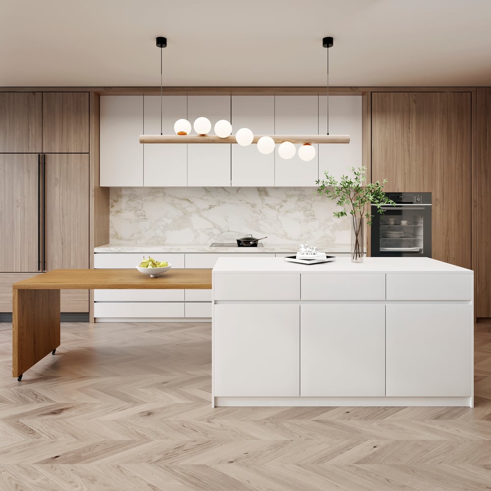 Îlots de cuisine extensibles, 2050mm-2680mm, dessus en marbre, portes et tiroirs modernes blancs image de fenêtre