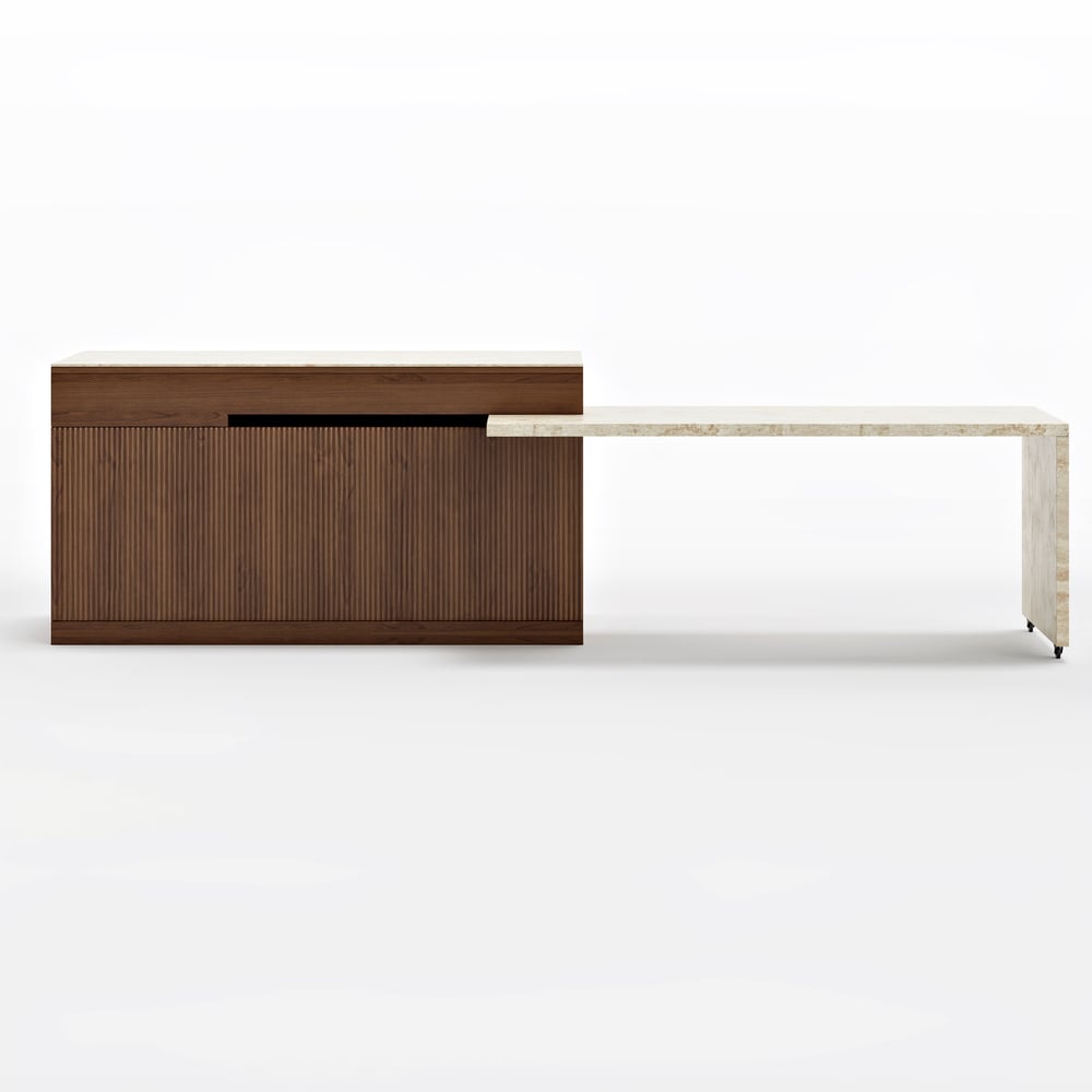 81''-106" Extendable Walnut Kitchen lsland with Doors&Drawers Marble Pattern Top window image