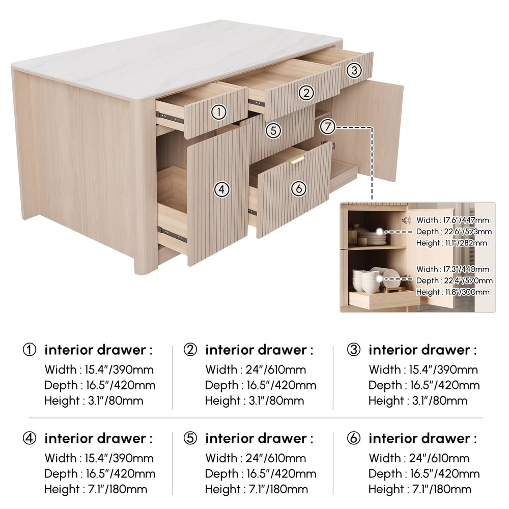 72" Sintered Stone Top Solid Wood Kitchen Island with Storage weights dimensions image
