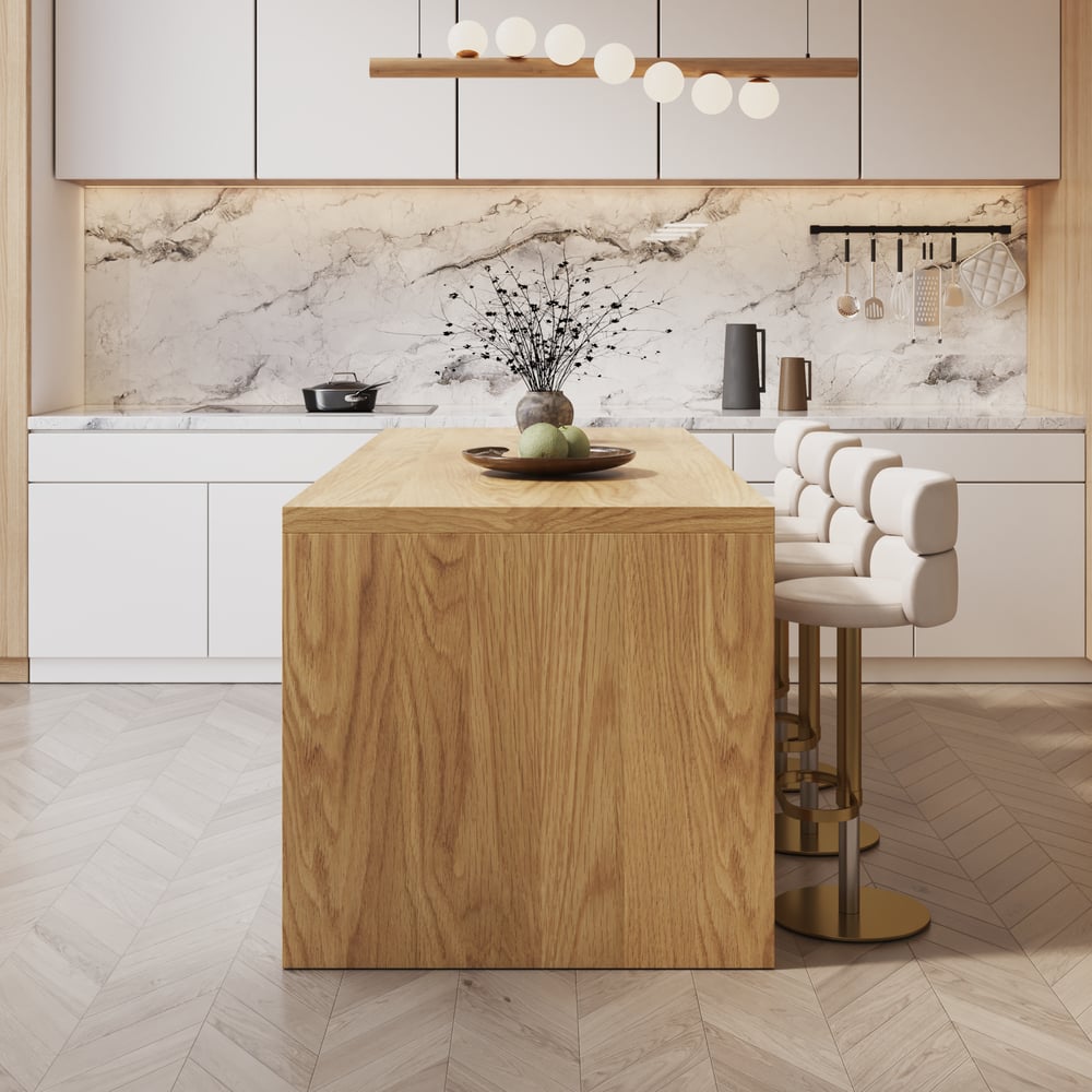 Îlots de cuisine de 1830 mm, dessus en placage de marbre, blanc et n, moderne, avec armoire de cuisine image de fenêtre