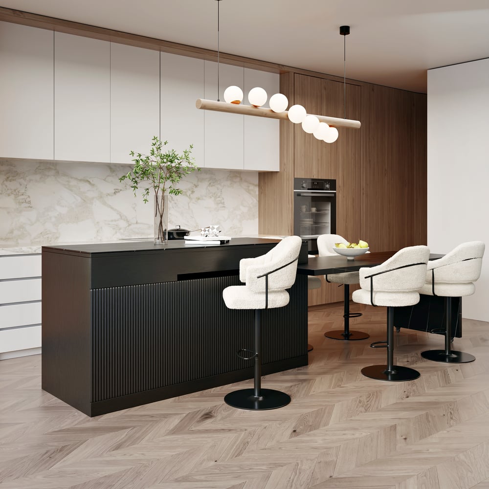 Îlot de cuisine noir extensible de 2050 mm à 2680 mm avec portes et tiroirs, dessus à motif marbré image de fenêtre