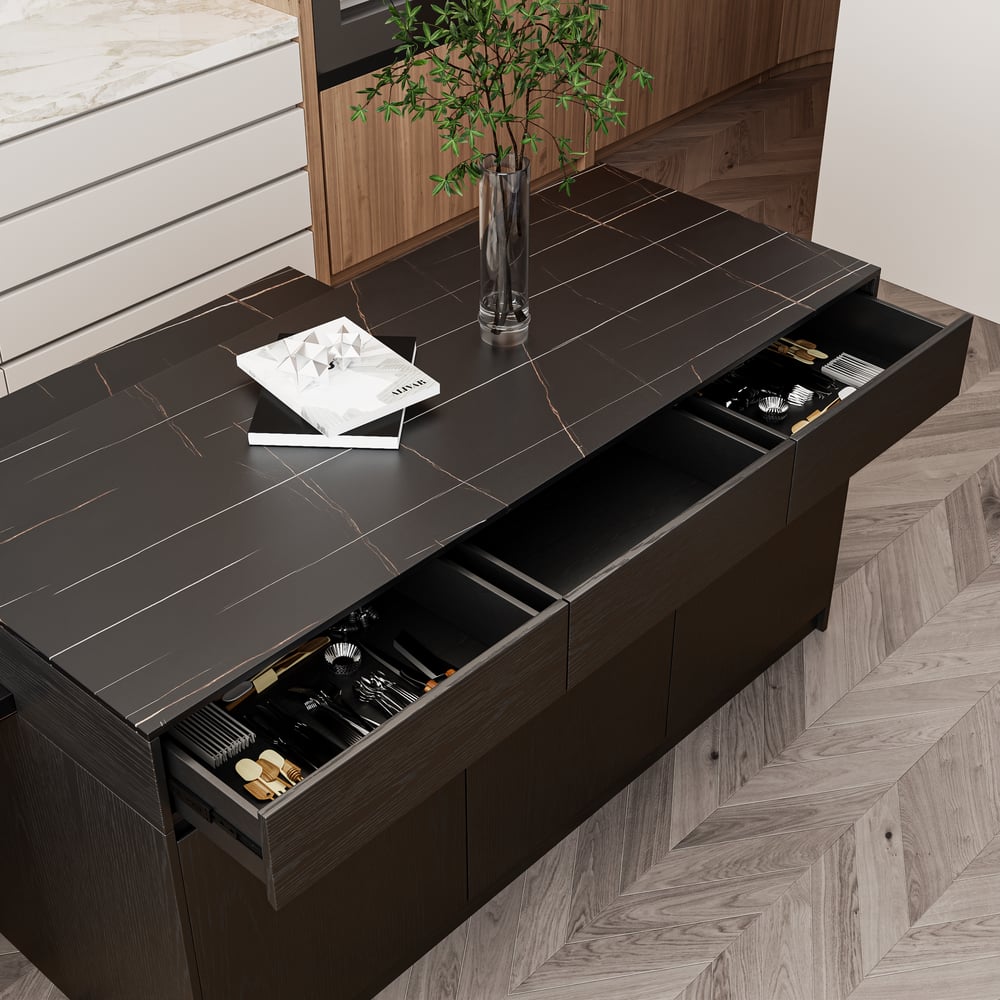 Îlot de cuisine noir extensible de 2050 mm à 2680 mm avec portes et tiroirs, dessus à motif marbré image de fenêtre