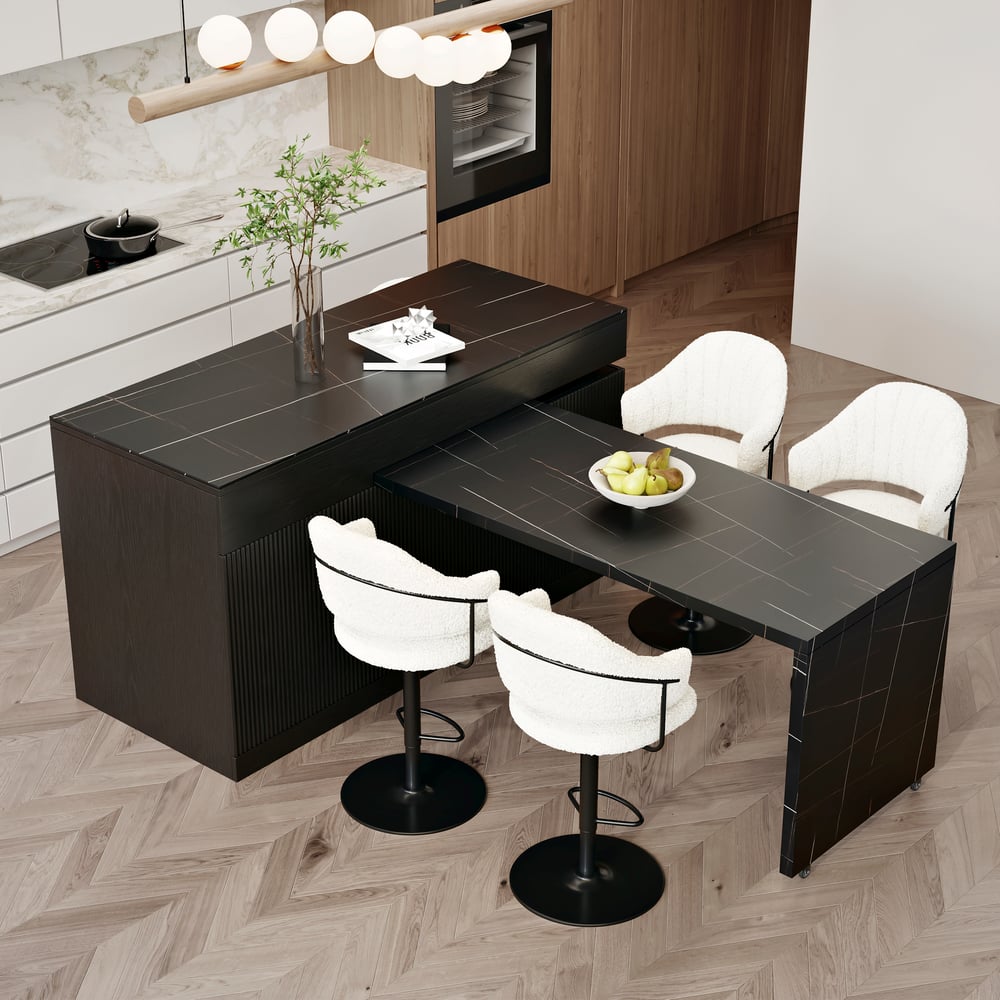 Îlot de cuisine noir extensible de 2050 mm à 2680 mm avec portes et tiroirs, dessus à motif marbré image de fenêtre